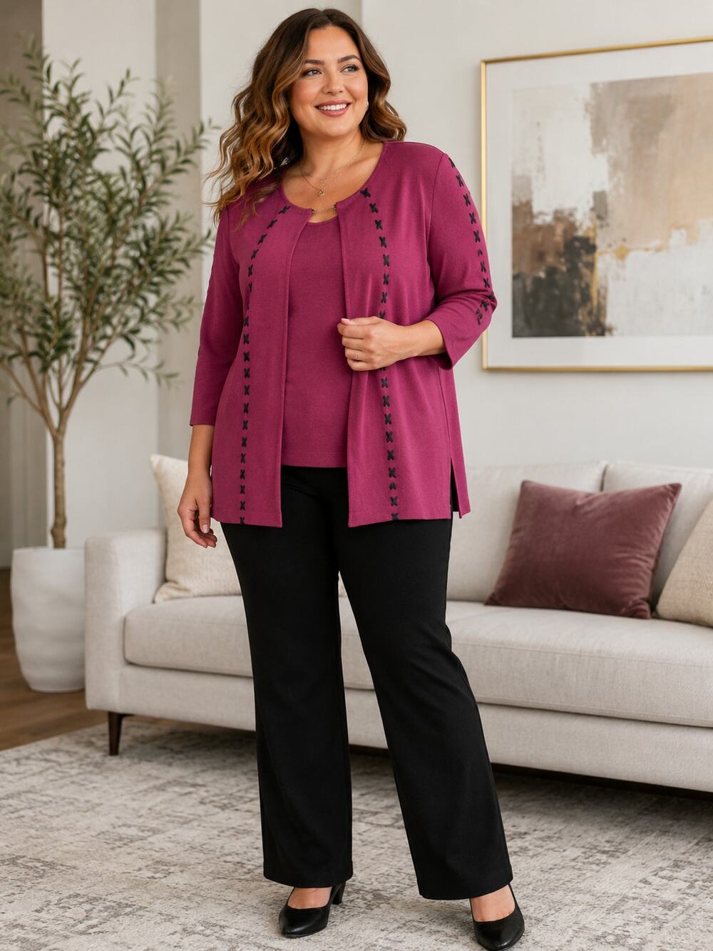 Misook Women’s L Magenta 2 Piece Knit Sweater Set Cardigan Tank Black Stitch